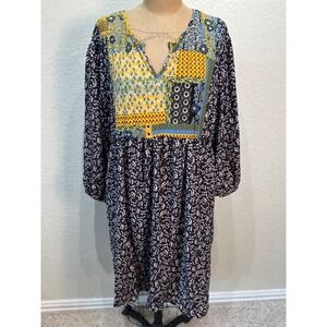 Égs‎ California Women 3XL Floral Print Patchwork Blouson Sleeve Dress Boho NWT